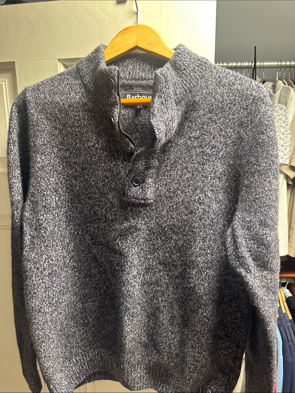 Barbour Men's Marled Navy Zip-Up Button-Neck Sweater Large